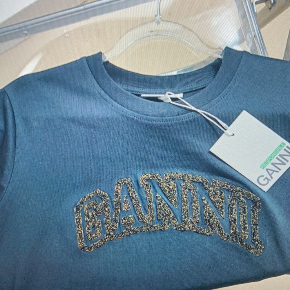 Ganni letter embroidery heavyweight pure cotton round neck loose shirt - Picture 4 of 6